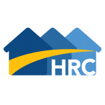 Housing Resource Centre logo, 3 blue houses with yellow stripe