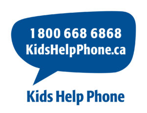 Kids Help Phone Logo. Text Bubble reading telephone number 1-800-668-6868, Kids Help Phone dot ca