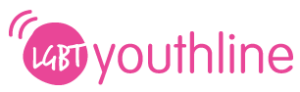 LGBT youthline logo, pink circle and text